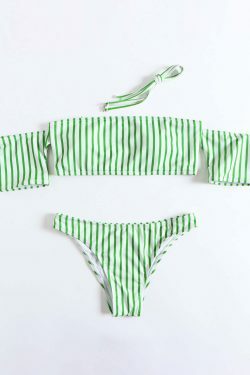 Y2K Striped Off-Shoulder Bikini Set with Short Sleeves