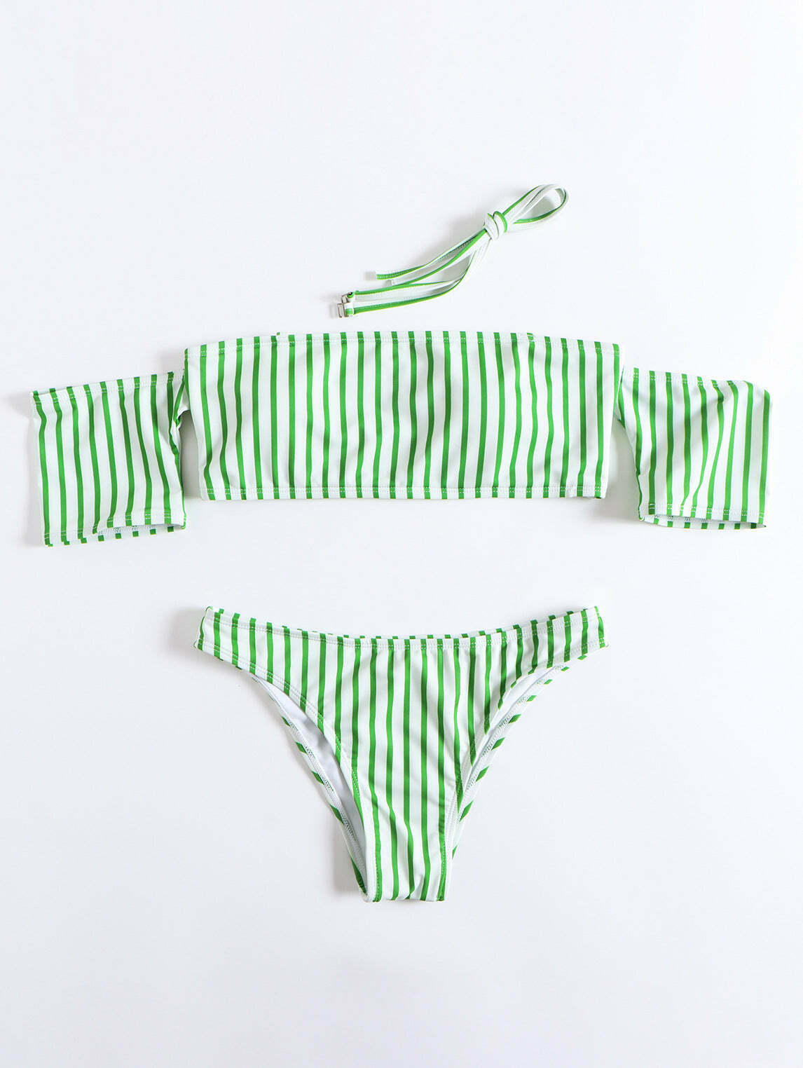 Y2K Striped Off-Shoulder Bikini Set with Short Sleeves Y2K Striped Off-Shoulder Bikini Set with Short Sleeves