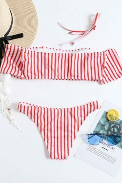 Y2K Striped Off-Shoulder Bikini Set with Short Sleeves