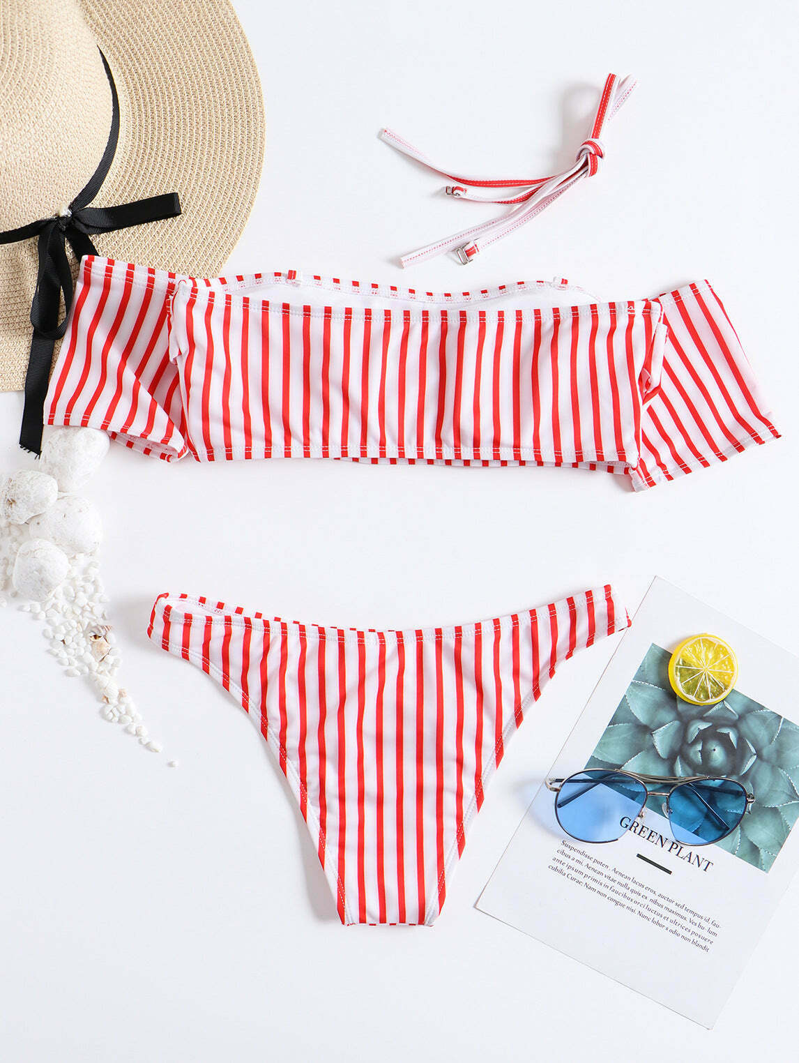 Y2K Striped Off-Shoulder Bikini Set with Short Sleeves Y2K Striped Off-Shoulder Bikini Set with Short Sleeves