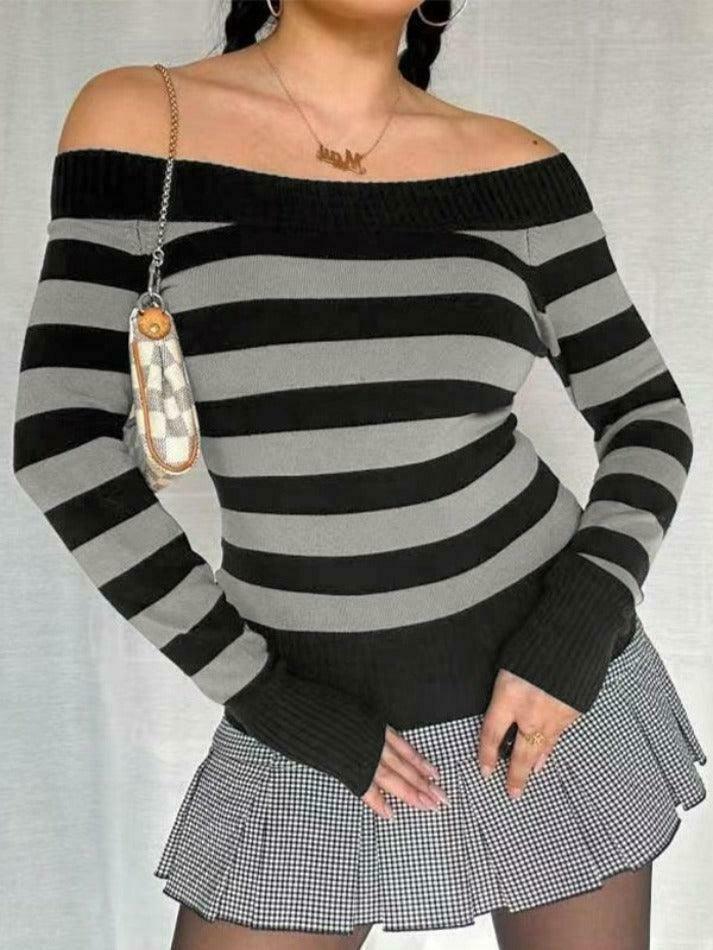 Y2K Striped Off Shoulder Knit Top - Coquette Aesthetic Grunge Style Y2K Striped Off Shoulder Knit Top - Coquette Aesthetic Grunge Style