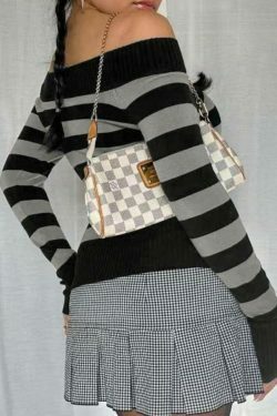 Y2K Striped Off Shoulder Knit Top - Coquette Aesthetic Grunge Style