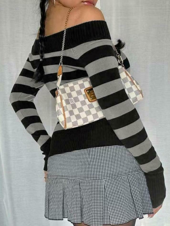 Y2K Striped Off Shoulder Knit Top - Coquette Aesthetic Grunge Style Y2K Striped Off Shoulder Knit Top - Coquette Aesthetic Grunge Style