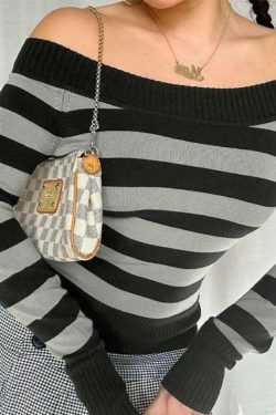 Y2K Striped Off Shoulder Knit Top - Coquette Aesthetic Grunge Style