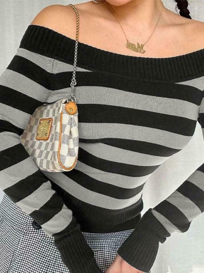Y2K Striped Off Shoulder Knit Top - Coquette Aesthetic Grunge Style Y2K Striped Off Shoulder Knit Top - Coquette Aesthetic Grunge Style