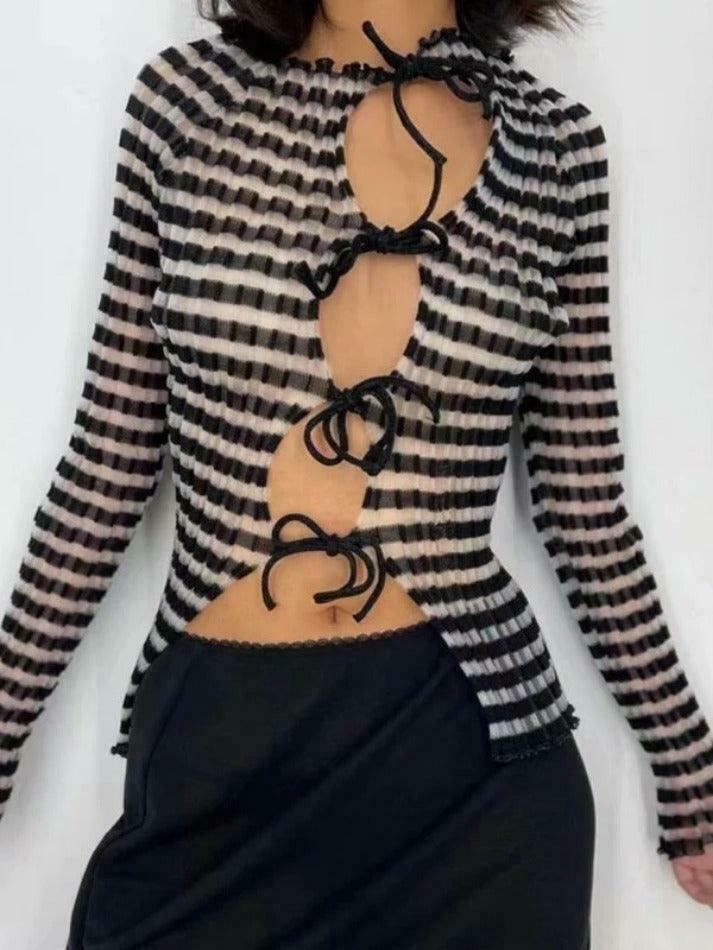 Y2K Striped Ribbed Knit Top: Coquette Grunge Aesthetic with Pastel Goth Influence Y2K Striped Ribbed Knit Top: Coquette Grunge Aesthetic with Pastel Goth Influence