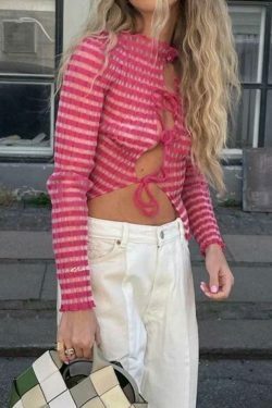 Y2K Striped Ribbed Knit Top: Coquette Grunge Aesthetic with Pastel Goth Influence