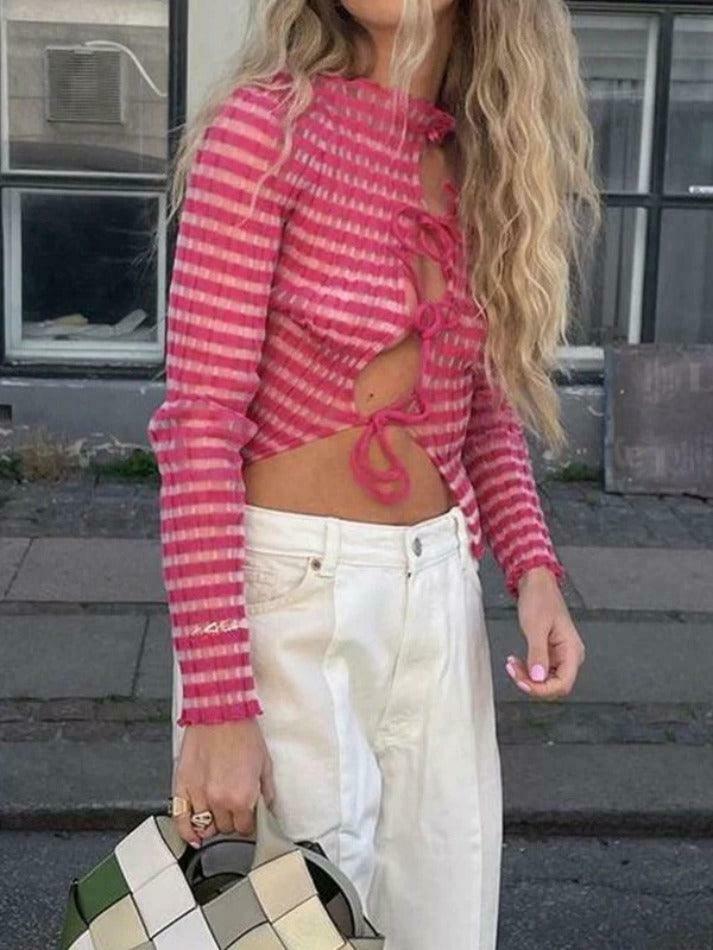 Y2K Striped Ribbed Knit Top: Coquette Grunge Aesthetic with Pastel Goth Influence Y2K Striped Ribbed Knit Top: Coquette Grunge Aesthetic with Pastel Goth Influence