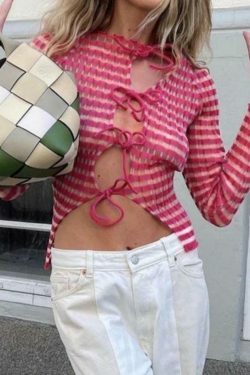 Y2K Striped Ribbed Knit Top: Coquette Grunge Aesthetic with Pastel Goth Influence