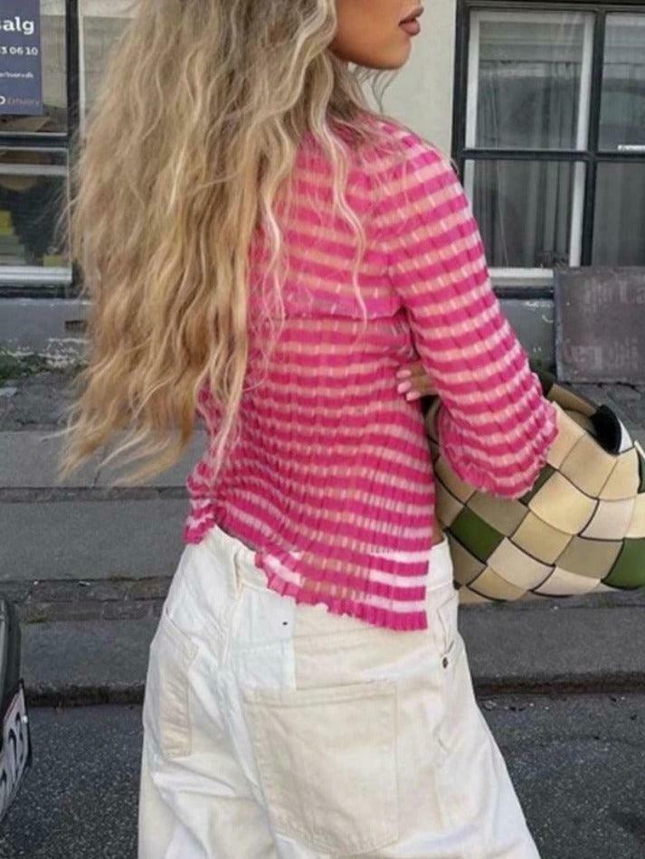 Y2K Striped Ribbed Knit Top: Coquette Grunge Aesthetic with Pastel Goth Influence Y2K Striped Ribbed Knit Top: Coquette Grunge Aesthetic with Pastel Goth Influence