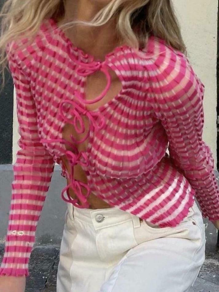 Y2K Striped Ribbed Knit Top: Coquette Grunge Aesthetic with Pastel Goth Influence Y2K Striped Ribbed Knit Top: Coquette Grunge Aesthetic with Pastel Goth Influence