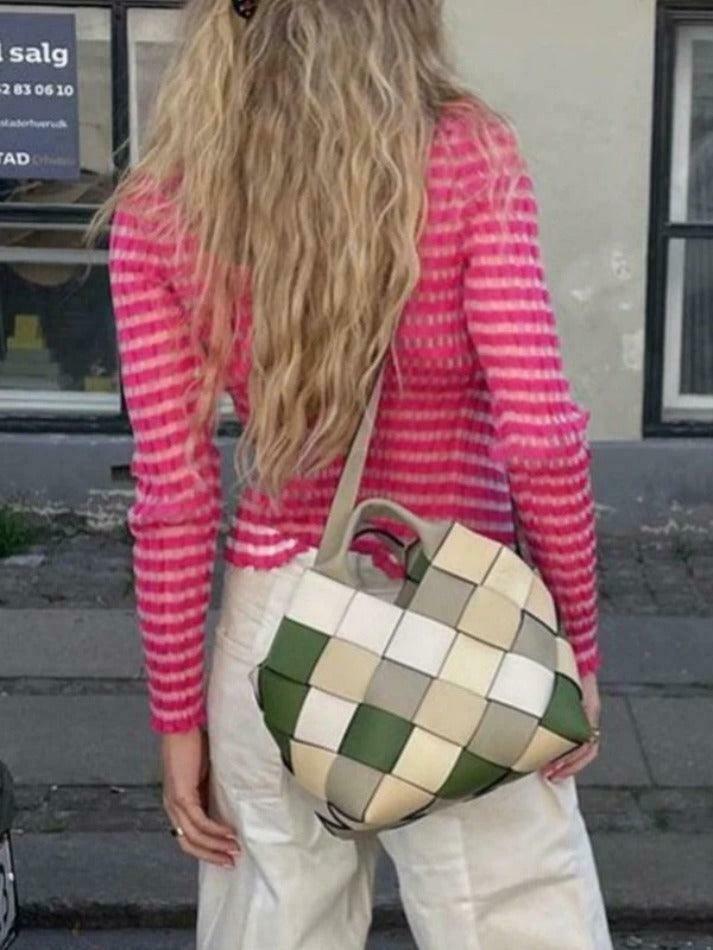 Y2K Striped Ribbed Knit Top: Coquette Grunge Aesthetic with Pastel Goth Influence Y2K Striped Ribbed Knit Top: Coquette Grunge Aesthetic with Pastel Goth Influence