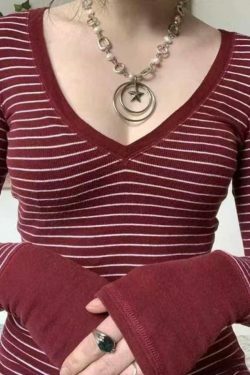 Y2K Striped V Neck Knit Tee - Coquette Grunge Aesthetic Cute Tops Past