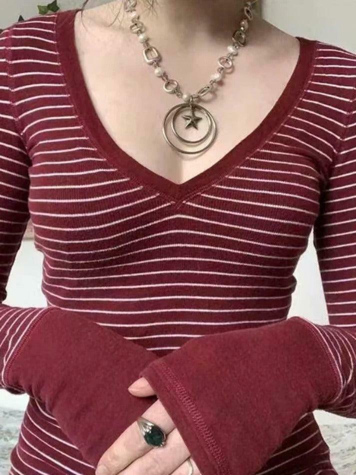 Y2K Striped V Neck Knit Tee - Coquette Grunge Aesthetic Cute Tops Past