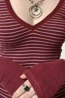 Y2K Striped V Neck Knit Tee - Coquette Grunge Aesthetic Cute Tops Past