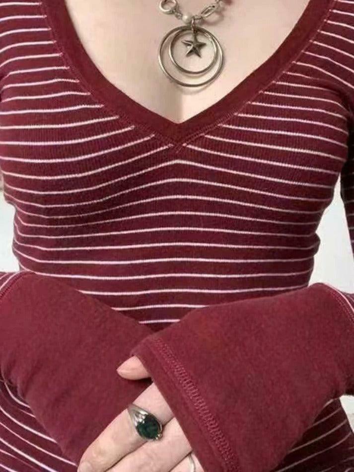 Y2K Striped V Neck Knit Tee - Coquette Grunge Aesthetic Cute Tops Past