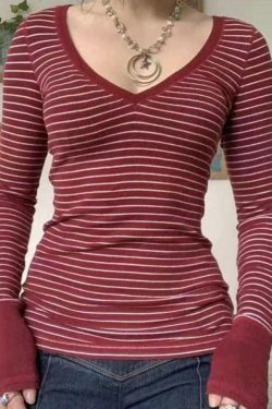 Y2K Striped V Neck Knit Tee - Coquette Grunge Aesthetic Cute Tops Past