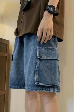 Y2K Style Men's Cargo Denim Shorts - Vintage Aesthetic Grunge Wear