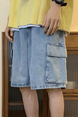 Y2K Style Men's Cargo Denim Shorts - Vintage Aesthetic Grunge Wear