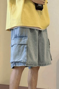 Y2K Style Men's Cargo Denim Shorts - Vintage Aesthetic Grunge Wear