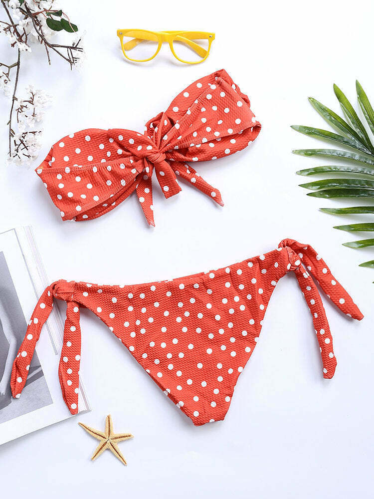 Y2K Style Polka Dot Tie Bikini Swimsuit with Front Bow Detail Y2K Style Polka Dot Tie Bikini Swimsuit with Front Bow Detail