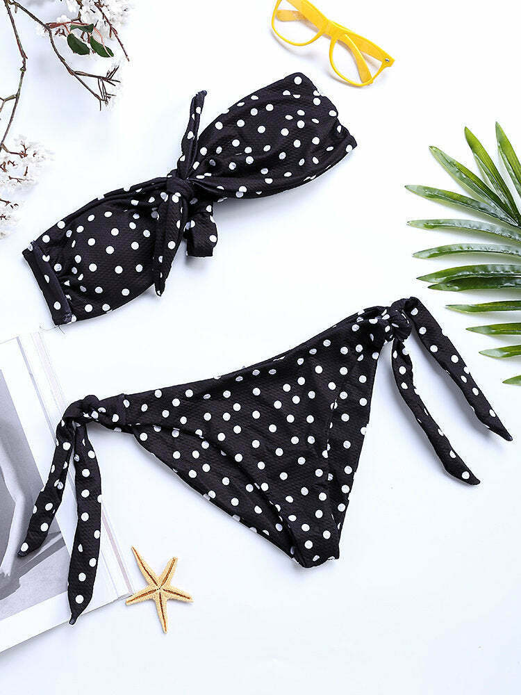 Y2K Style Polka Dot Tie Bikini Swimsuit with Front Bow Detail Y2K Style Polka Dot Tie Bikini Swimsuit with Front Bow Detail