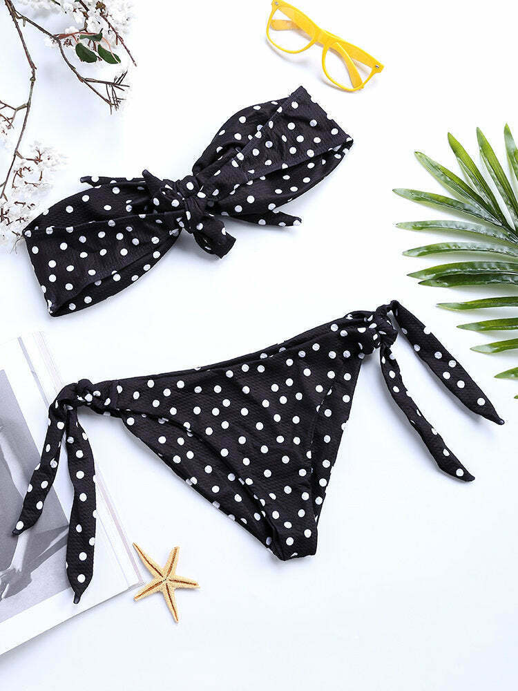 Y2K Style Polka Dot Tie Bikini Swimsuit with Front Bow Detail Y2K Style Polka Dot Tie Bikini Swimsuit with Front Bow Detail