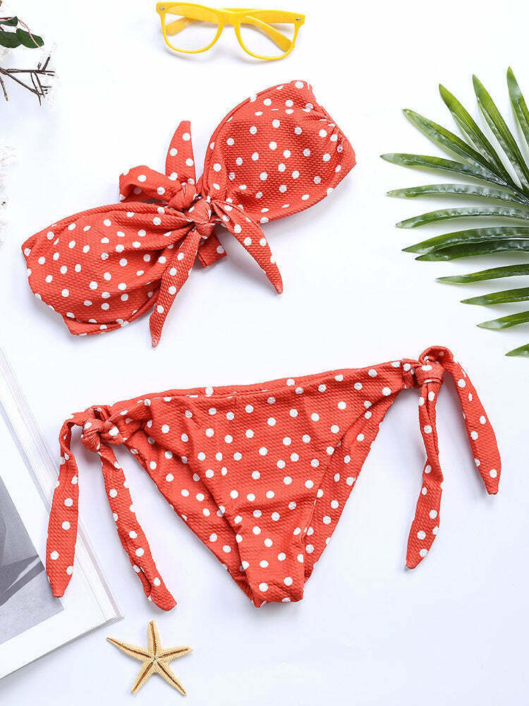 Y2K Style Polka Dot Tie Bikini Swimsuit with Front Bow Detail Y2K Style Polka Dot Tie Bikini Swimsuit with Front Bow Detail
