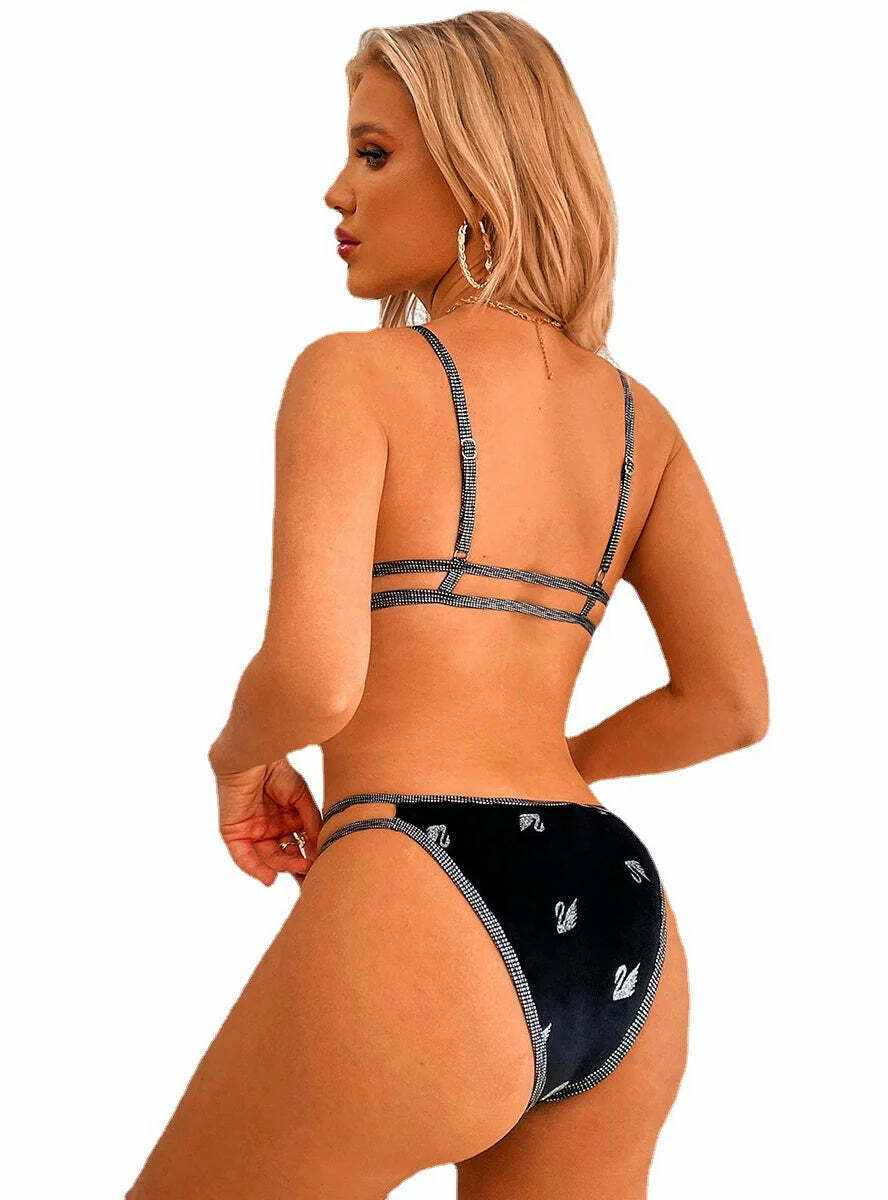 Y2K Style Solid Color Gathered Beach Bikini - Coquette Aesthetic Retro Swimwear