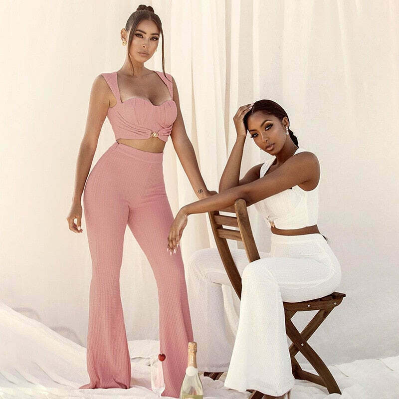 Y2K Sweetheart Flared Pants Set & Matching Top: Coquette Aesthetic Outfit for Women