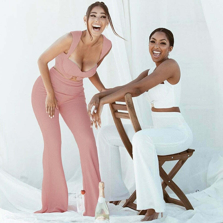 Y2K Sweetheart Flared Pants Set & Matching Top: Coquette Aesthetic Outfit for Women