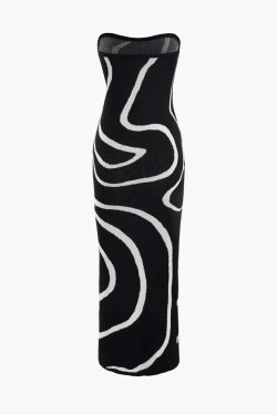 Y2K Swirl Stripe Knit Strapless Midi Dress - Coquette Aesthetic Fashion for Women