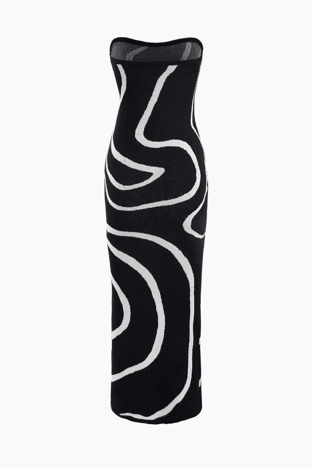 Y2K Swirl Stripe Knit Strapless Midi Dress - Coquette Aesthetic Fashion for Women