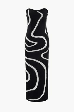 Y2K Swirl Stripe Knit Strapless Midi Dress - Coquette Aesthetic Fashion for Women