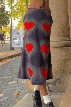 Y2K Tie-Dye Heart Wrap Midi Skirt - Coquette Grunge Aesthetic