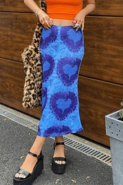 Y2K Tie-Dye Heart Wrap Midi Skirt - Coquette Grunge Aesthetic