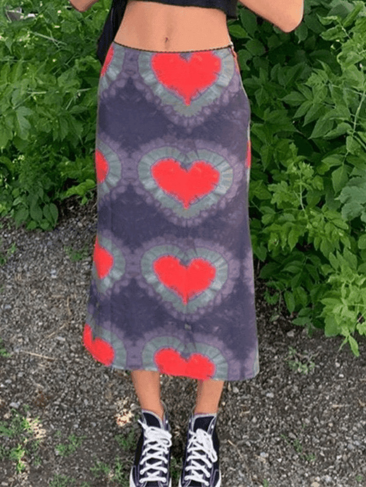 Y2K Tie-Dye Heart Wrap Midi Skirt - Coquette Grunge Aesthetic Y2K Tie-Dye Heart Wrap Midi Skirt - Coquette Grunge Aesthetic