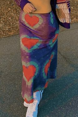 Y2K Tie-Dye Heart Wrap Midi Skirt - Coquette Grunge Aesthetic
