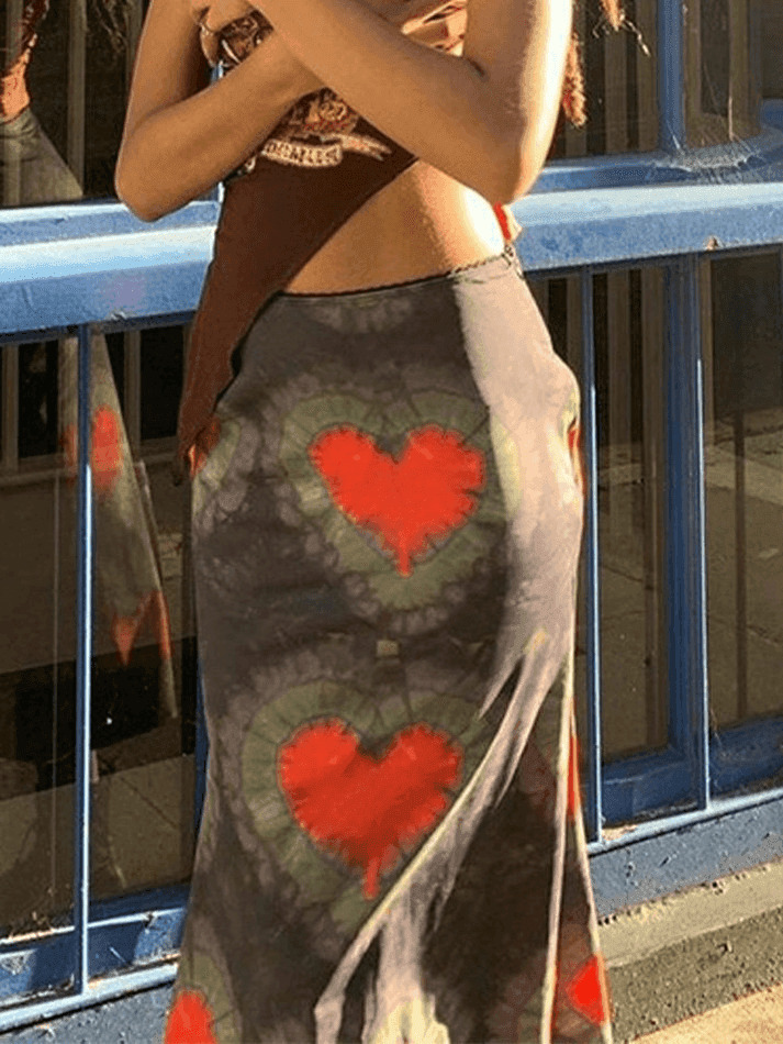 Y2K Tie-Dye Heart Wrap Midi Skirt - Coquette Grunge Aesthetic Y2K Tie-Dye Heart Wrap Midi Skirt - Coquette Grunge Aesthetic