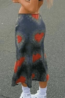 Y2K Tie-Dye Heart Wrap Midi Skirt - Coquette Grunge Aesthetic