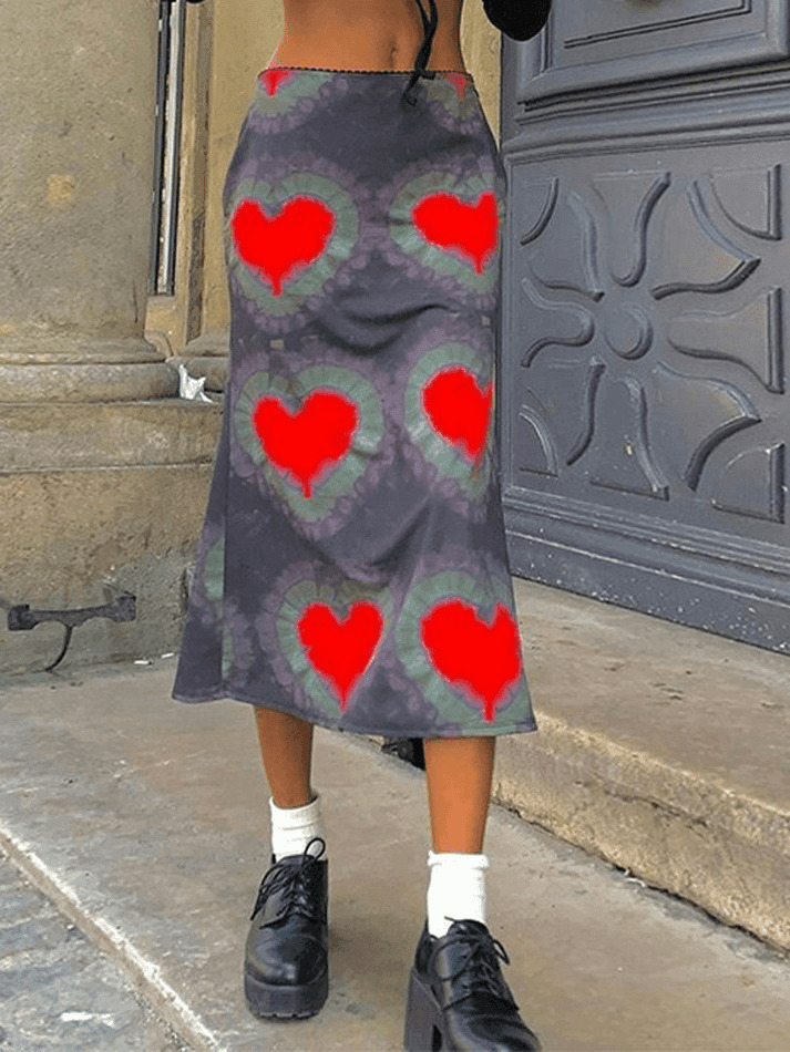 Y2K Tie-Dye Heart Wrap Midi Skirt - Coquette Grunge Aesthetic Y2K Tie-Dye Heart Wrap Midi Skirt - Coquette Grunge Aesthetic