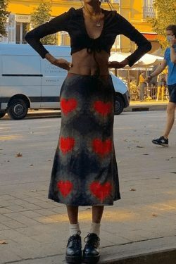 Y2K Tie-Dye Heart Wrap Midi Skirt - Coquette Grunge Aesthetic