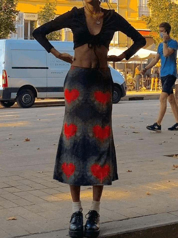 Y2K Tie-Dye Heart Wrap Midi Skirt - Coquette Grunge Aesthetic Y2K Tie-Dye Heart Wrap Midi Skirt - Coquette Grunge Aesthetic