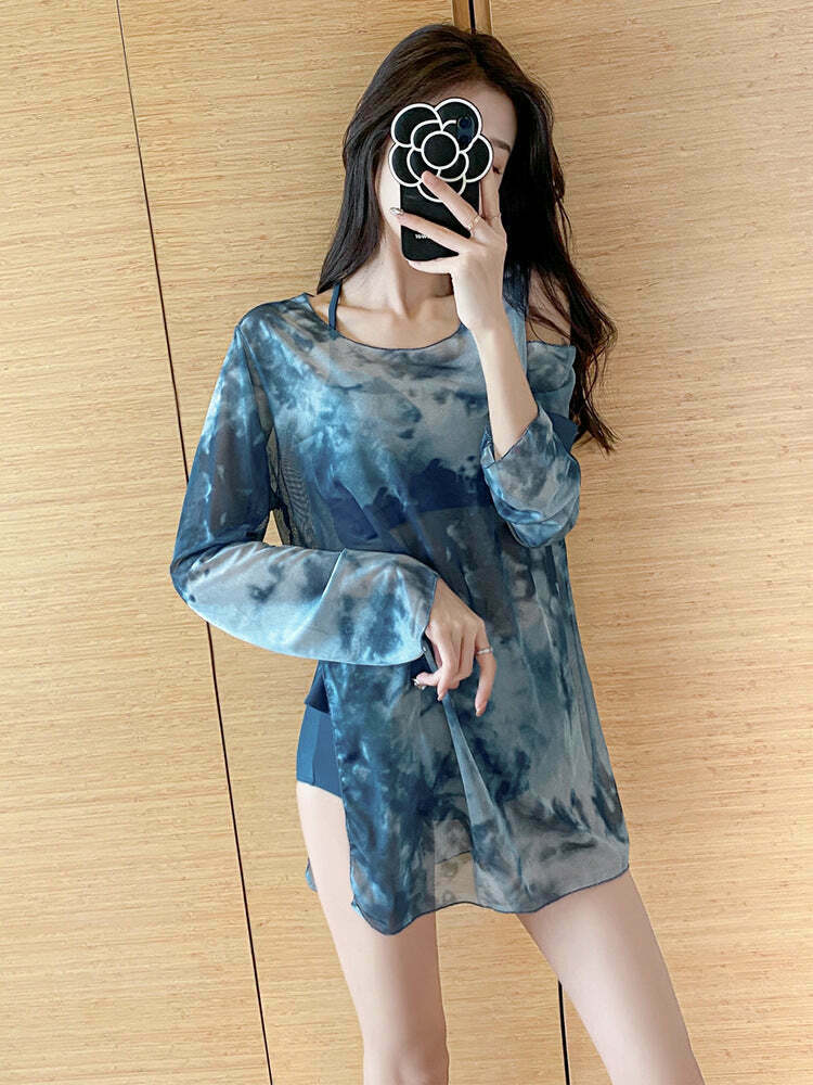 Y2K Tie Dye Bikini Swimsuit Set with Mesh Cover Up - Coquette Aesthetic Beachwear Y2K Tie Dye Bikini Swimsuit Set with Mesh Cover Up - Coquette Aesthetic Beachwear