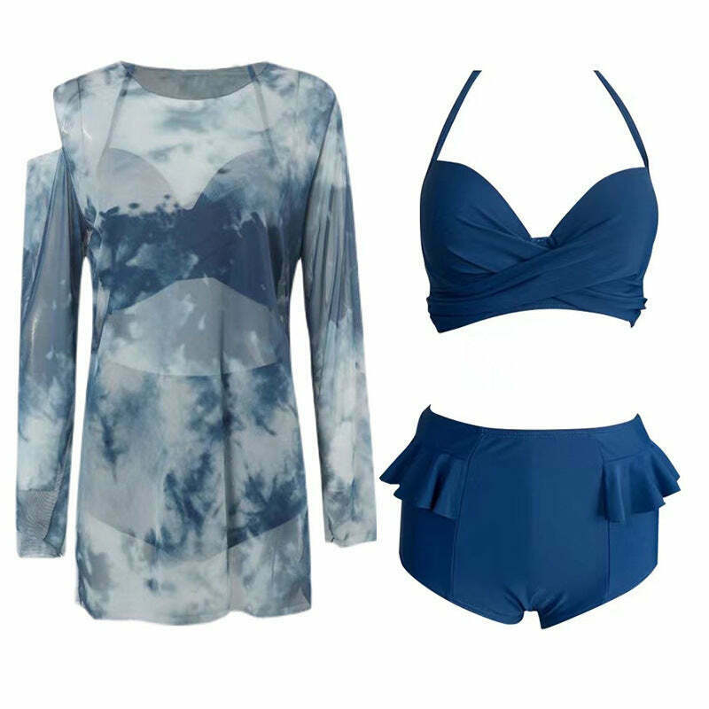 Y2K Tie Dye Bikini Swimsuit Set with Mesh Cover Up - Coquette Aesthetic Beachwear Y2K Tie Dye Bikini Swimsuit Set with Mesh Cover Up - Coquette Aesthetic Beachwear