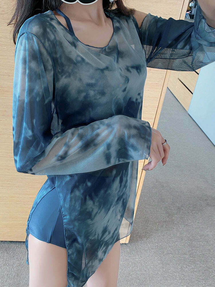 Y2K Tie Dye Bikini Swimsuit Set with Mesh Cover Up - Coquette Aesthetic Beachwear Y2K Tie Dye Bikini Swimsuit Set with Mesh Cover Up - Coquette Aesthetic Beachwear