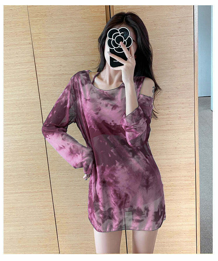 Y2K Tie Dye Bikini Swimsuit Set with Mesh Cover Up - Coquette Aesthetic Beachwear Y2K Tie Dye Bikini Swimsuit Set with Mesh Cover Up - Coquette Aesthetic Beachwear