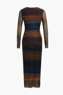 Y2K Tie Dye Mesh Midi Dress with Ruched Detail - Coquette Aesthetic Fashion for Women