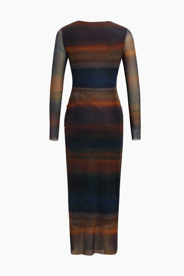 Y2K Tie Dye Mesh Midi Dress with Ruched Detail - Coquette Aesthetic Fashion for Women