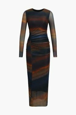 Y2K Tie Dye Mesh Midi Dress with Ruched Detail - Coquette Aesthetic Fashion for Women